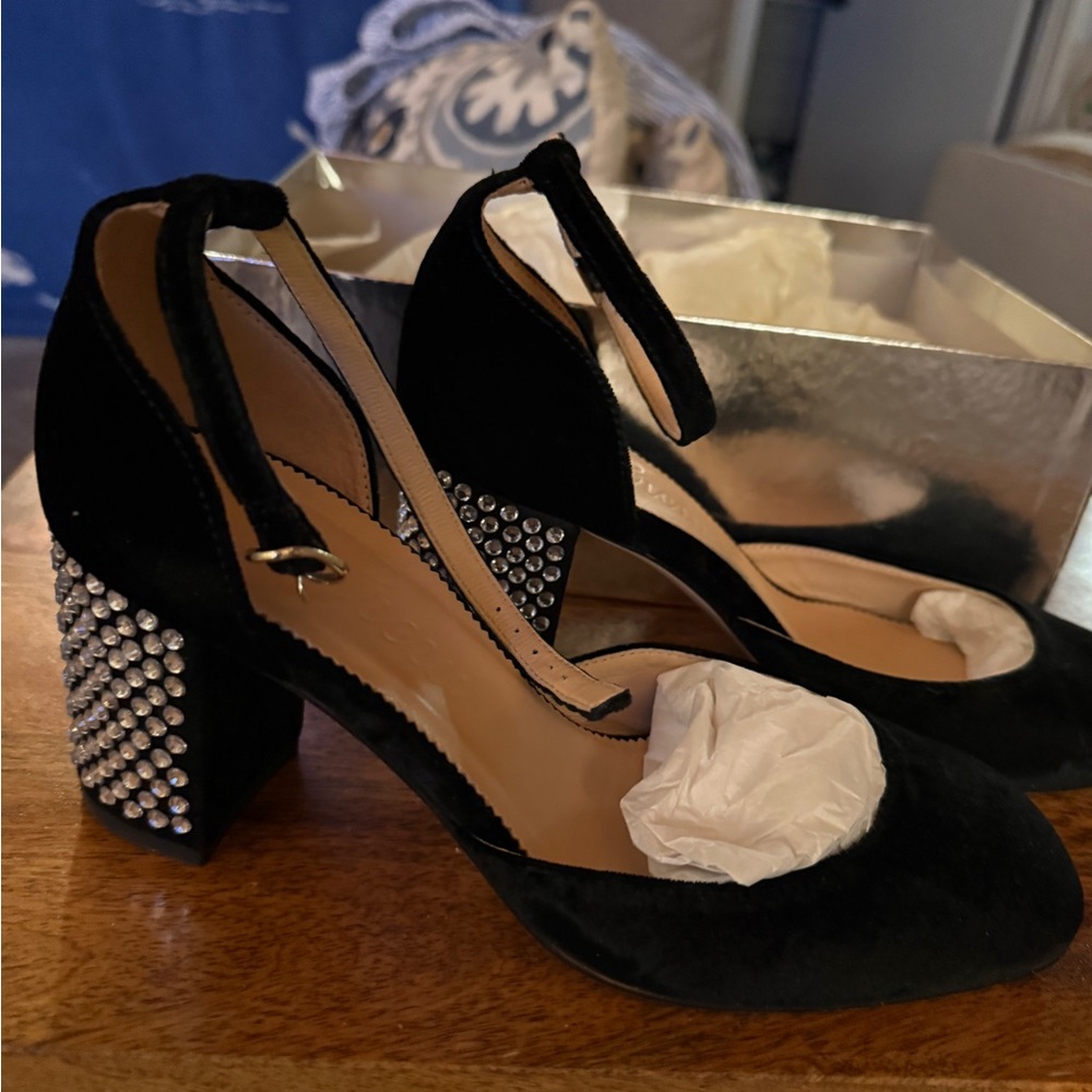 J Crew Maisie Studded Heels in Velvet Black 6.5